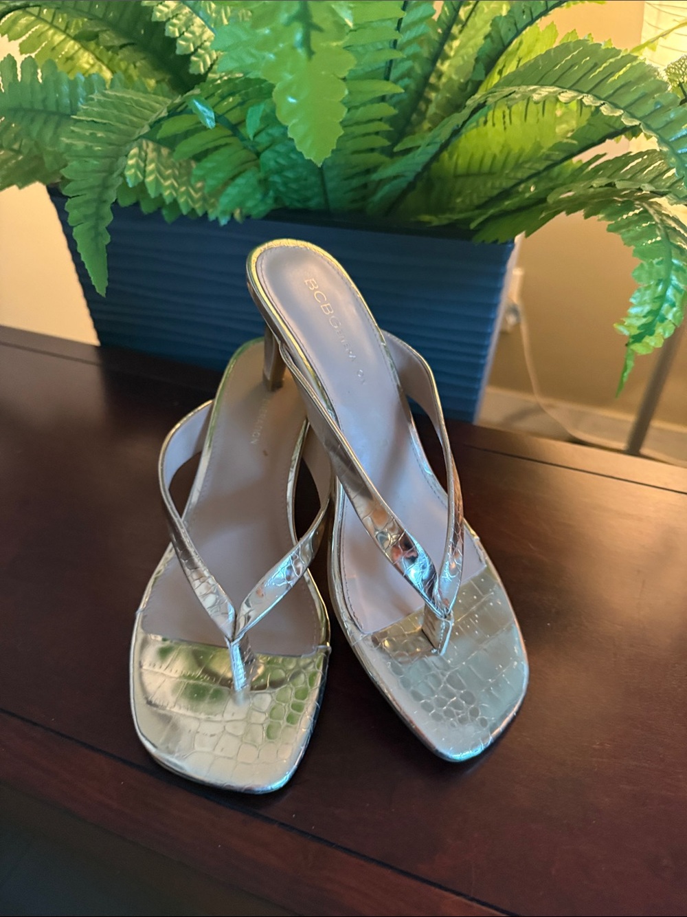 BCBGeneration Metallic Gold Croc-Embossed Kitten Heel Thong Sandals
